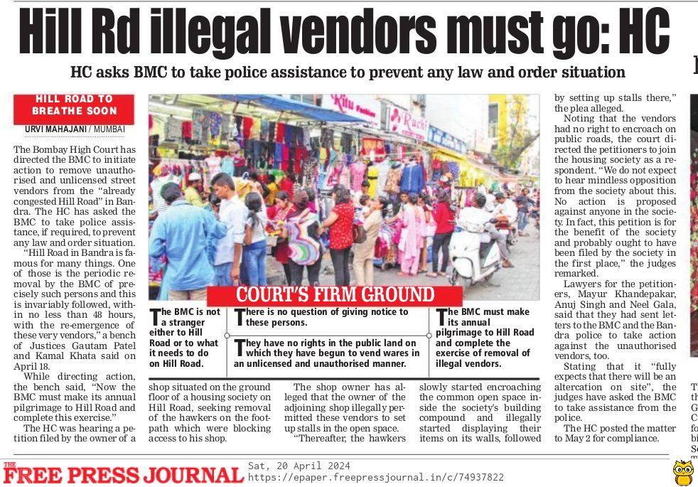 #Mumbai #IllegalHawkers #BombayHighCourt Asks #BMC To Initiate Action Against Illegal Vendors At #Bandra's Hill Road. Reminds BMC that illegal Hawkers have no Rights on Public land they have encroached & no notice needed for eviction. #Hafta #Vasooli freepressjournal.in/mumbai/mumbai-…