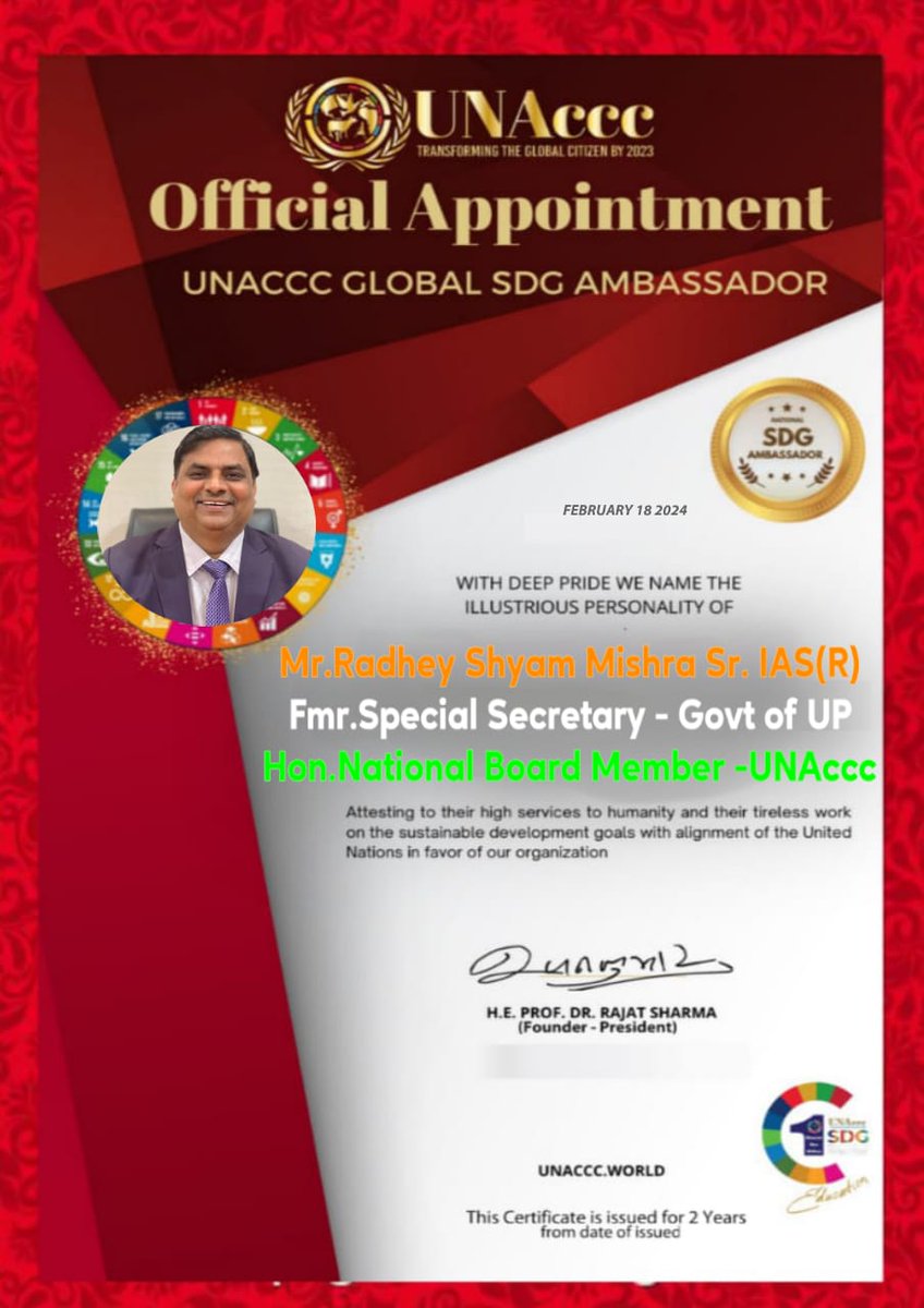 Warm Welcome Sr.IAS Shri Radhey Shyam Mishra(Fmr.Spl Secy- @UPGovt ) for your joining @unacccorg as Hon. Gov Council Board Member🙏 @ArunSinghbjp @PMOIndia @IASassociation @IPS_Association @GovtOfIndia2000 @blsanthosh @MukeshMeshram @NitinGokarnIAS @LBSNAA_Official @upiasasso