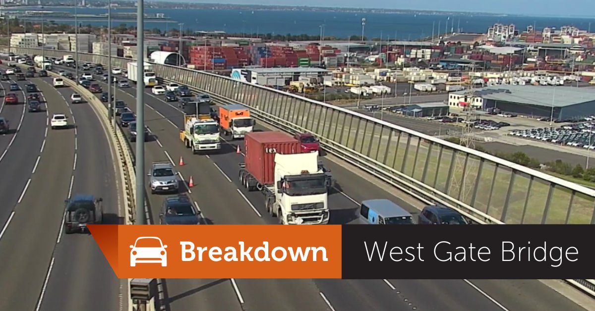 Two middle lanes are closed outbound on the West Gate Bridge, due to a broken down truck. One right, and two left lanes remain open with speeds reduced to 40km/h. Please merge safely, obeying overhead signals. A Transurban Incident Management crew is assisting. #victraffic