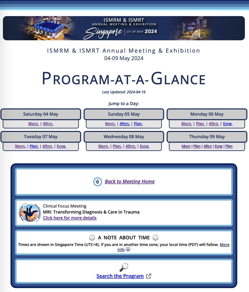 The ISMRM 2024 Scientific Program is available!  (ismrm.org/24/24program.h…)  #ISMRM, #ISMRM2024.  Start familiarizing yourself with the layout and the calendar functions!