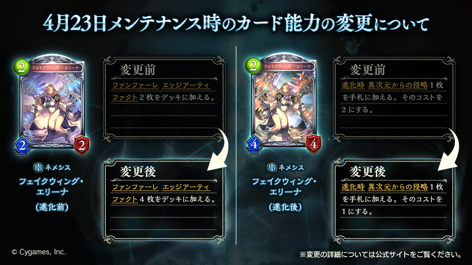 【能力変更2/3】
4月23日の変更内容を続けてお知らせいたします。
「信頼の魔術」「竜人のストライカー」「フェイクウィング・エリーナ」のカード能力を変更いたします。
shadowverse.jp/news/?announce…