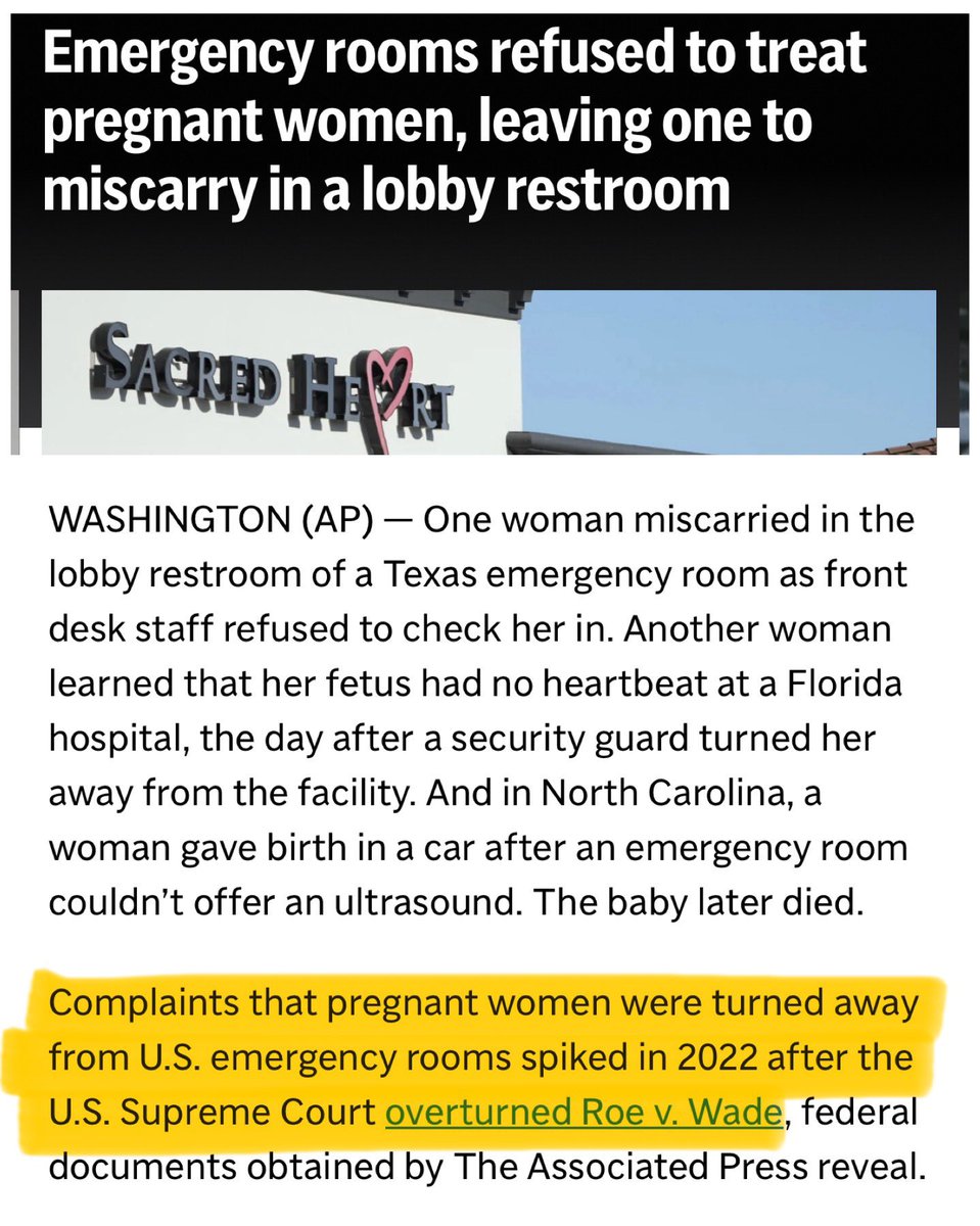 “Complaints that pregnant women were turned away from U.S. emergency rooms spiked in 2022 after SCOTUS overturned Roe v. Wade.” apnews.com/article/pregna… These results are due to the work of anti-choice extremists, who somehow still profess wanting to protect women and babies.
