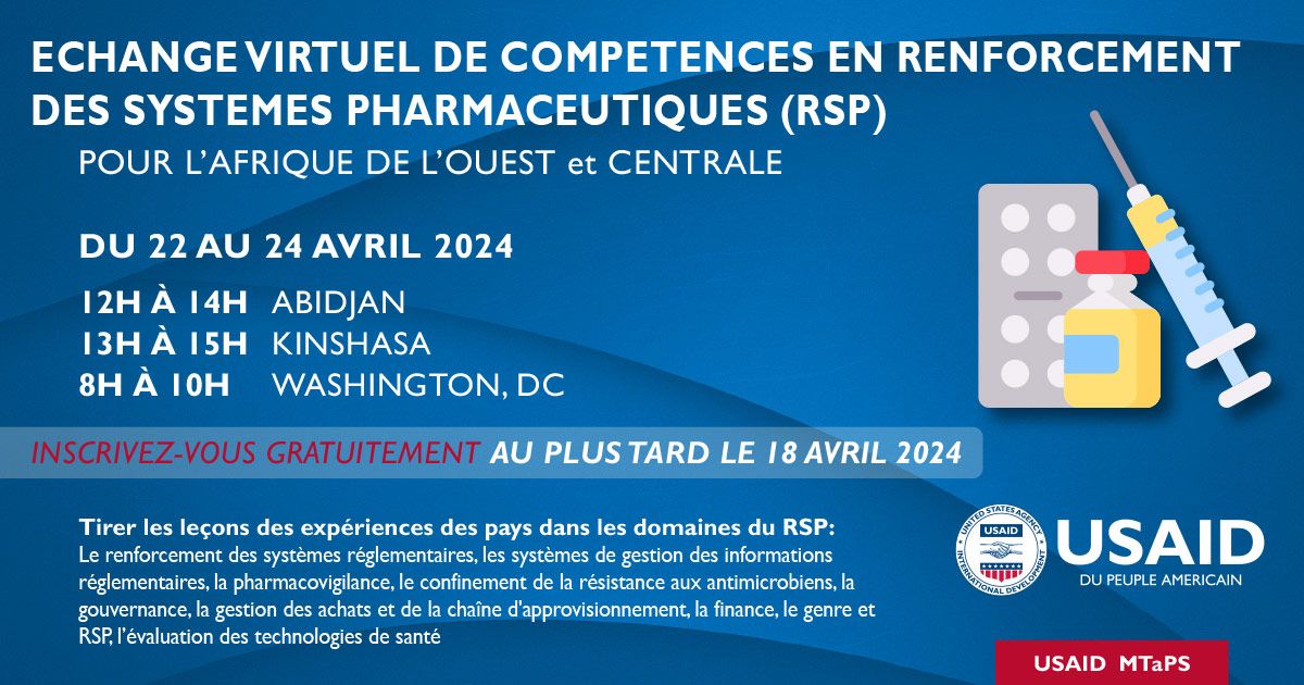 The @USAIDGH MTaPS Program will host workshops on pharmaceutical systems strengthening (PSS) methods and approaches from April 22 to 24, 2024, at 8:00 a.m. EST daily, entirely in French. You can access our English PSS workshop recordings and resources: mtapsprogram.org/our-resources/…