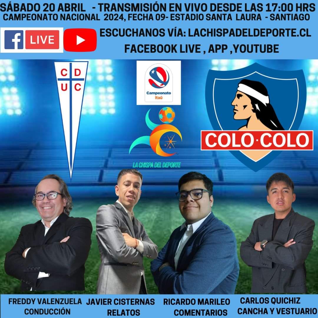 lachispadeporte's tweet photo. SÁBADO 20 ABRIL 2024
#campeomatonacional
#fecha09
#clásico185
@lachispadeporte Al Aire
@Cruzados
Versus
@ColoColo
🎤Relatos:
@akakcike7
🎤Conducción:
@FValenzuelaMedo
🎤Comentarios:
@MarileoRicardo
🎤Cancha y Vestuario:
@carlos_quichiz
Flyer:
@lachispadeporte https://t.co/uflmV2BEII