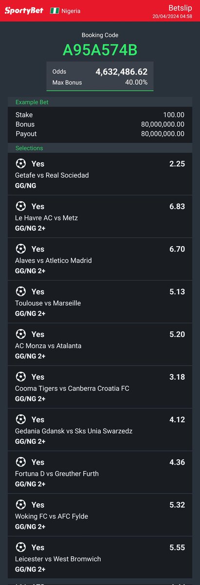 10 games to chop 80m with 10 Naira. Cut 7 will give you 3 odds and the 3 odds go boom 💥 💥 🙏🙏🙏. Retweet this post 🙏🙏. We pray for green 🙏thCuthttp://www.sportybet.com/ng/?shareCode=A95A574B
