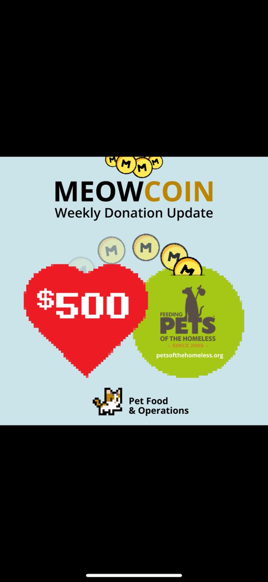 This week we donated $500 to <a href="/PetsofHomeless/">Feeding Pets of the Homeless®</a>!

We are happy to be able to support various shelters each week. 

This money will go towards feeding animals. 

Thanks to everyone who makes this possible every week. 

#Meowcoin $MEWC
