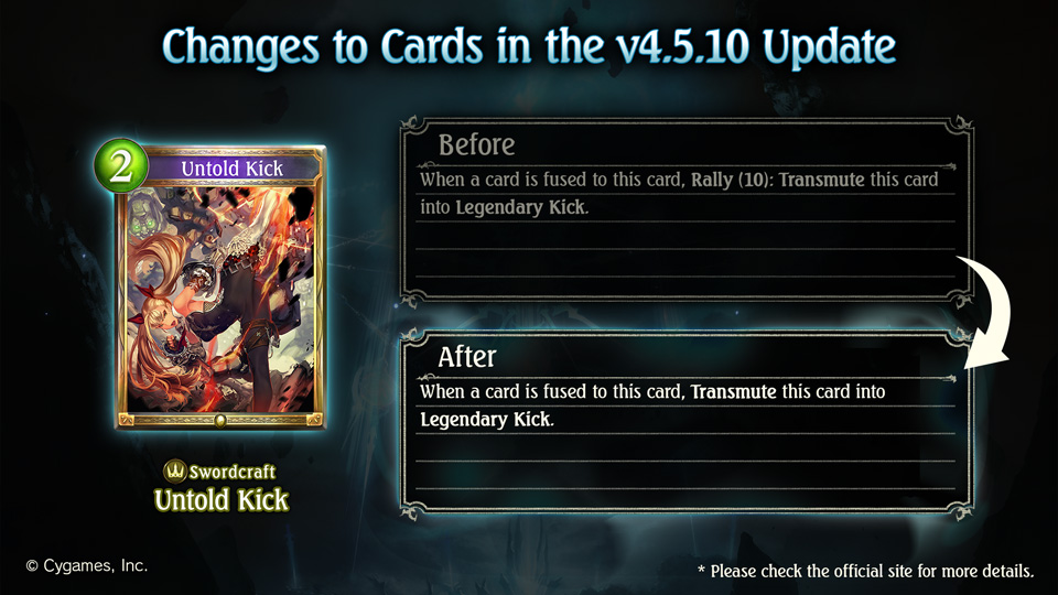 The following cards will be changed in the v4.5.10 update: - Arcane Instruction - Tetra, Sapphire Leader - Agyll, Purelight Exemplar - Benevolent Mother - Avatar of Growth - Untold Kick Details: shadowverse.com/news/?announce…