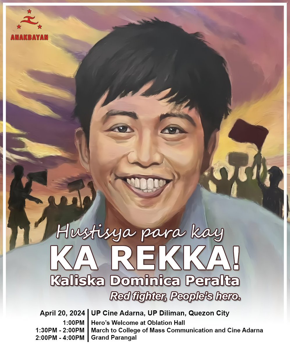 anakbayan_ph's tweet photo. HUSTISYA PARA KAY “KA REKKA” KALISKA PERALTA!
Mariing kinukundena ng Anakbayan ang brutal na pagpaslang ng 1003rd Infantry Brigade ng Armed Forces of the Philippines (AFP) sa rebolusyonaryong si Kal Peralta “Ka Rekka” noong Abril 10, 2024.
#JusticeForKal https://t.co/BTraEb6YfV
