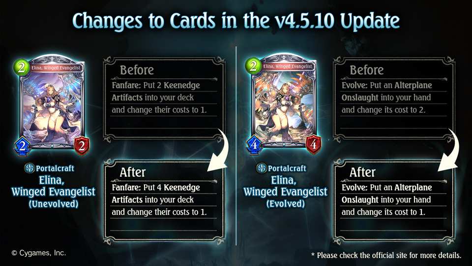 The following cards will be changed in the v4.5.10 update: - Arts of Trust - Dragonborn Striker - Elina, Winged Evangelist Details: shadowverse.com/news/?announce…