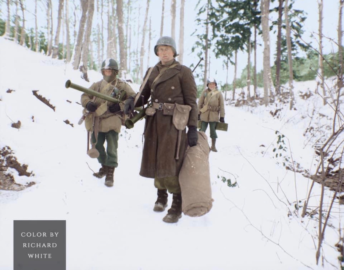 In January of 1945, soldiers of the 101st Engineer Battalion armed with bazookas emerge from their woodland position near Wiltz, Luxembourg. 🪖