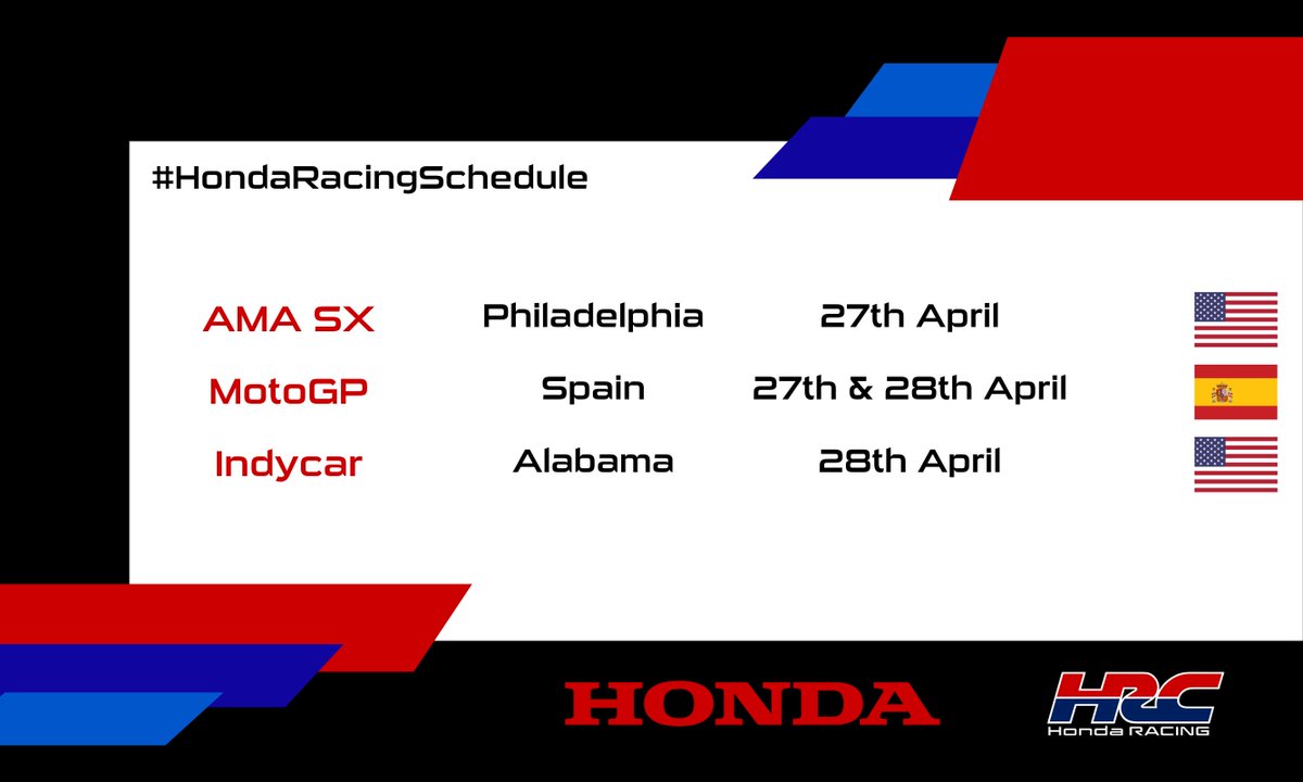 This weekend will see AMA SX in action in Philadelphia, while Spain hosts MotoGP and the Indycar paddock will set up for racing in Alabama... #HondaRacingSchedule