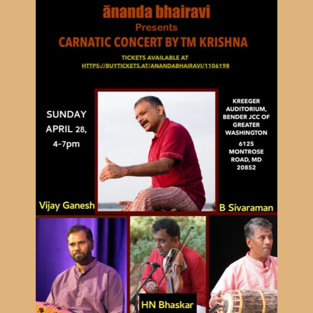 Upcoming Concert in Maryland Will be performing on Sunday, 28th April at 4 pm along with HN Bhaskar, B Sivaraman and Vijay Ganesh at Kreeger Auditorium, Rockville, MD. This concert is organized by Ananda Bhairavi. Click here for tickets: buytickets.at/anandabhairavi…