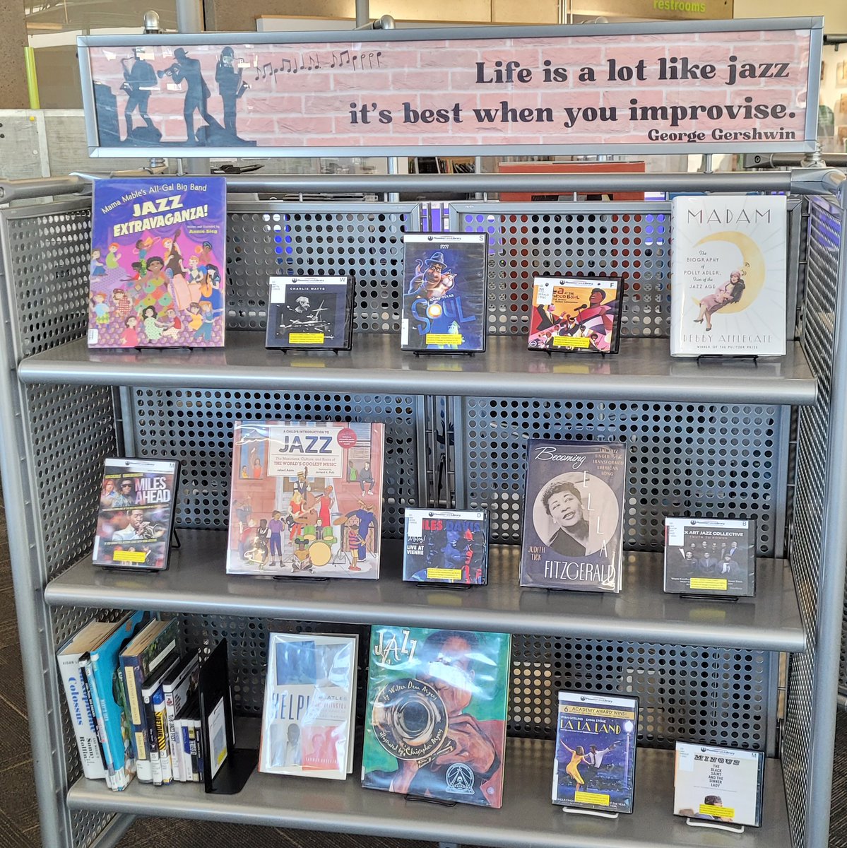 PhxLibrary's tweet photo. “Life is a lot like jazz, it’s best when you improvise” – George Gershwin. Celebrate #NationalJazzMonth with a title from this jazzy display at #JuniperLibrary. Read about, watch, or listen to jazz this month! https://t.co/C9ILYlXM2b #JustReadPPL #PhoenixPublicLibrary https://t.co/tVRpUlozJG