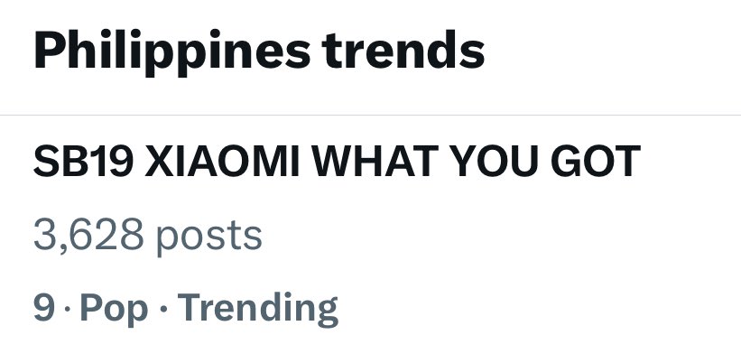 WE’RE CURRENTLY TRENDING 9TH SPOT NATIONWIDE ‼️

HIGHER📣

SB19 XIAOMI WHAT YOU GOT
@SB19Official #SB19