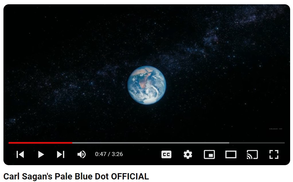 “The earth is a very small stage in a vast cosmic arena”

which

“underscores our [#humanity’s] responsibility to deal more kindly with one another and to preserve and cherish the pale blue dot, the only home we've ever known”

youtu.be/GO5FwsblpT8

#CarlSagan words of wisdom