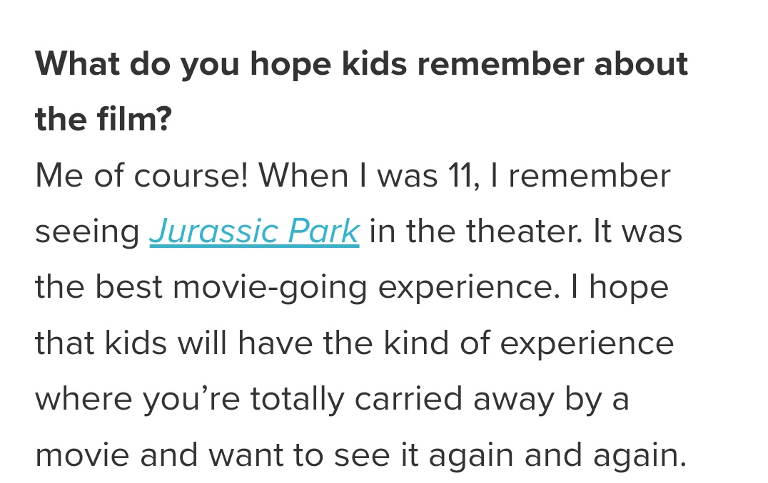 Remember when Scarlett hoping that little kids will have the best movie-going experience she got when she watched Jurassic Park yeah so it's important for her to do animated movies because of this