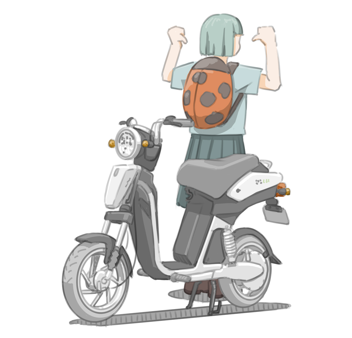 「新しく買ったナナホシテントウバッグを背負ってドヤる女子です。(ヤマハ EC-03」|きわみらい@バイクJKのイラスト描きのイラスト