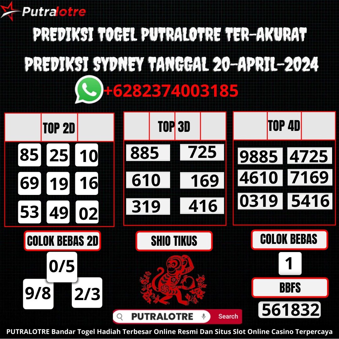 PREDIKSI SYDNEY HARI INI TANGGAL 20 APRIL 2024
SALAM JP PUTRALOTRE TETAP UPS YA BOSKU
putralotreresmi.pro
NO WA : wa.me/+6282374003185
#PUTRALOTRE #bandartogel #maintogel #togelonline #togel #situstogel #bandartogelonline #casinoonline #slotgacor #bandarjudi