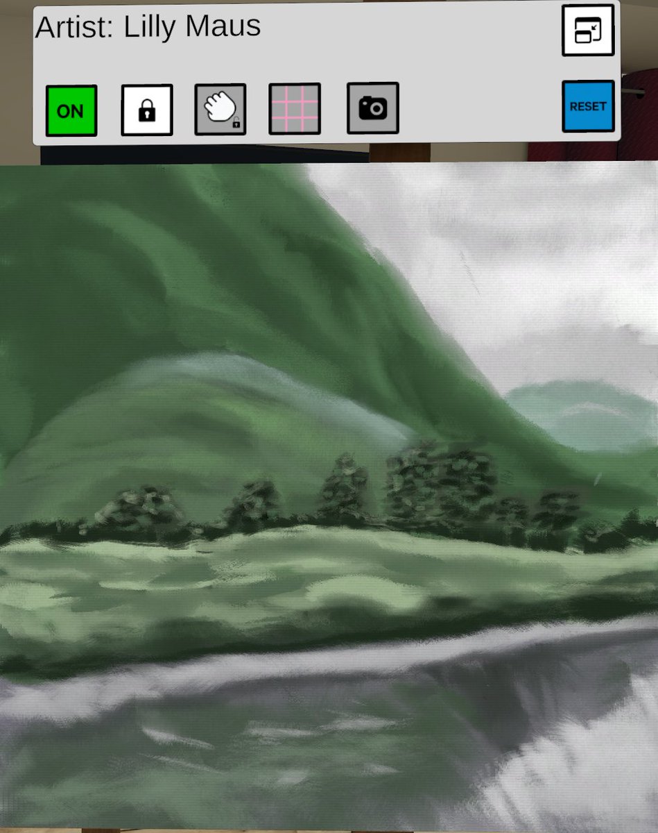 Lillymaus23's tweet photo. Landscape art done in VRChat. Virtual oil painting? Was fun but the colour picker was a little annoying to deal with. @vrchat.com https://t.co/uXG0J0oZHc