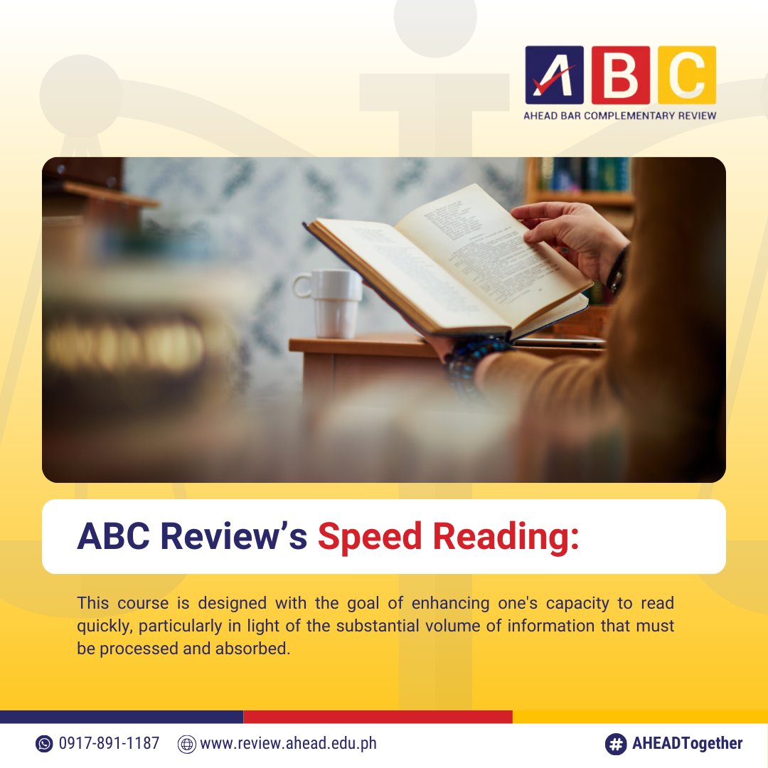 ahead_review's tweet photo. Explore how Speed Reading can optimize your bar exam preparation with AHEAD Bar Complementary (ABC) Review! It’s a 10-day course designed to empower students and professionals with the skills, mindset, and tactics needed to excel not only in the Bar but beyond.
#ABCReview https://t.co/MRpyrjcHcP