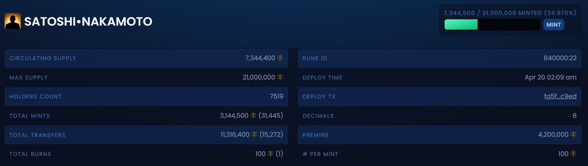 Runes Minting Strategy 🟧Things to consider: 🔸Percentage of pre-mint supply 🔸Number of mints 🔸Rune number 🔸Ticker name & logo 🔸Percentage of pre-mint supply Should not be excessive Below 10% seems to be accepted, < 5% preferred 🔸Number of mints Should be large enough to