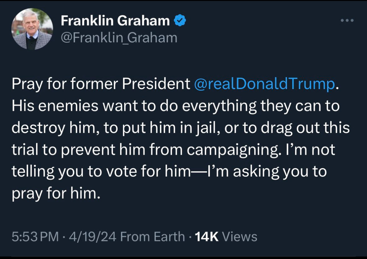Hey ⁦@Franklin_Graham⁩, you & I are Christians. Jesus Christ is our Lord & Savior. And Donald Trump is EVERYTHING Jesus taught you & I NOT to be. Trump is the ANTITHESIS of how Jesus taught you & I to live. My God man, how dare you continue to support Trump. Shame on you.