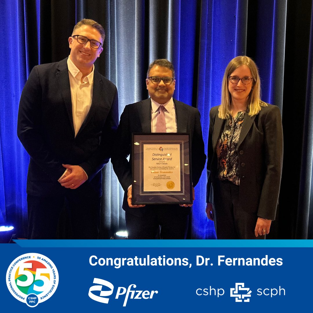 🌊 CSHP takes great pride in recognizing Dr. Olavo Fernandes for his ongoing impact on hospital #pharmacy by presenting him with this year’s Distinguished Service Award, sponsored by @PfizerCA! #CSHP_PPC @UHN @CSHP_OB