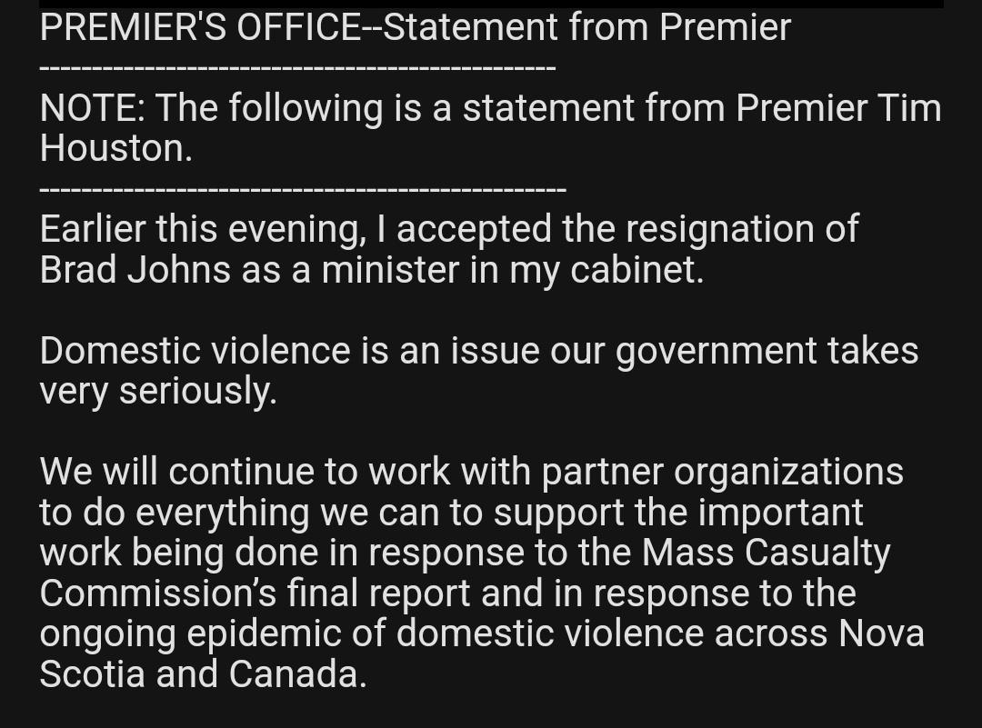 #BREAKING Nova Scotia's Justice Minister and Attorney General has resigned his position after comments he made yesterday regarding domestic violence. @globalhalifax @GlobalNational #nspoli