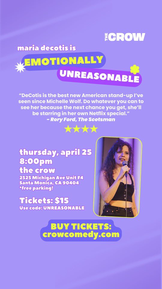 I’m so excited to bring my hour stand-up show, Emotionally Unreasonable, directed by Ryan Cunningham to LA on April 25 at 8pm @TheCrowComedy !