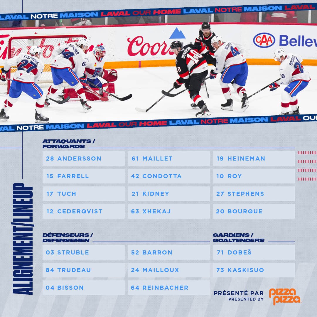 RocketLaval's tweet photo. L’alignement de ce soir
Tonight’s lineup

#GoRocket @PizzaPizzaLtd https://t.co/fE2FbQ6EAd