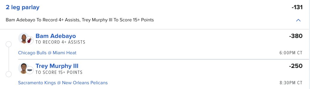 My @hofbets Play of the Day🔥 Bam has hit 4 Assists in 4/5 games against CHI over the past 2 seasons Murphy has scored at least 15 points in 5 of 6 games against SAC over the past 2 season Implied Odds: -200 Actual Odds: -131 Try HOFBets here ➡️ hof-bets.app.link/5dollarman