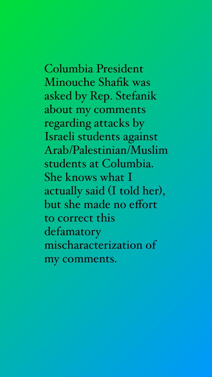 The President of @Columbia lied in her Congressional testimony on Wednesday. Several times. One of those times relates to comments I have made about the safety of our students at Columbia. Consider this a correction and a demand for an apology. 🧵