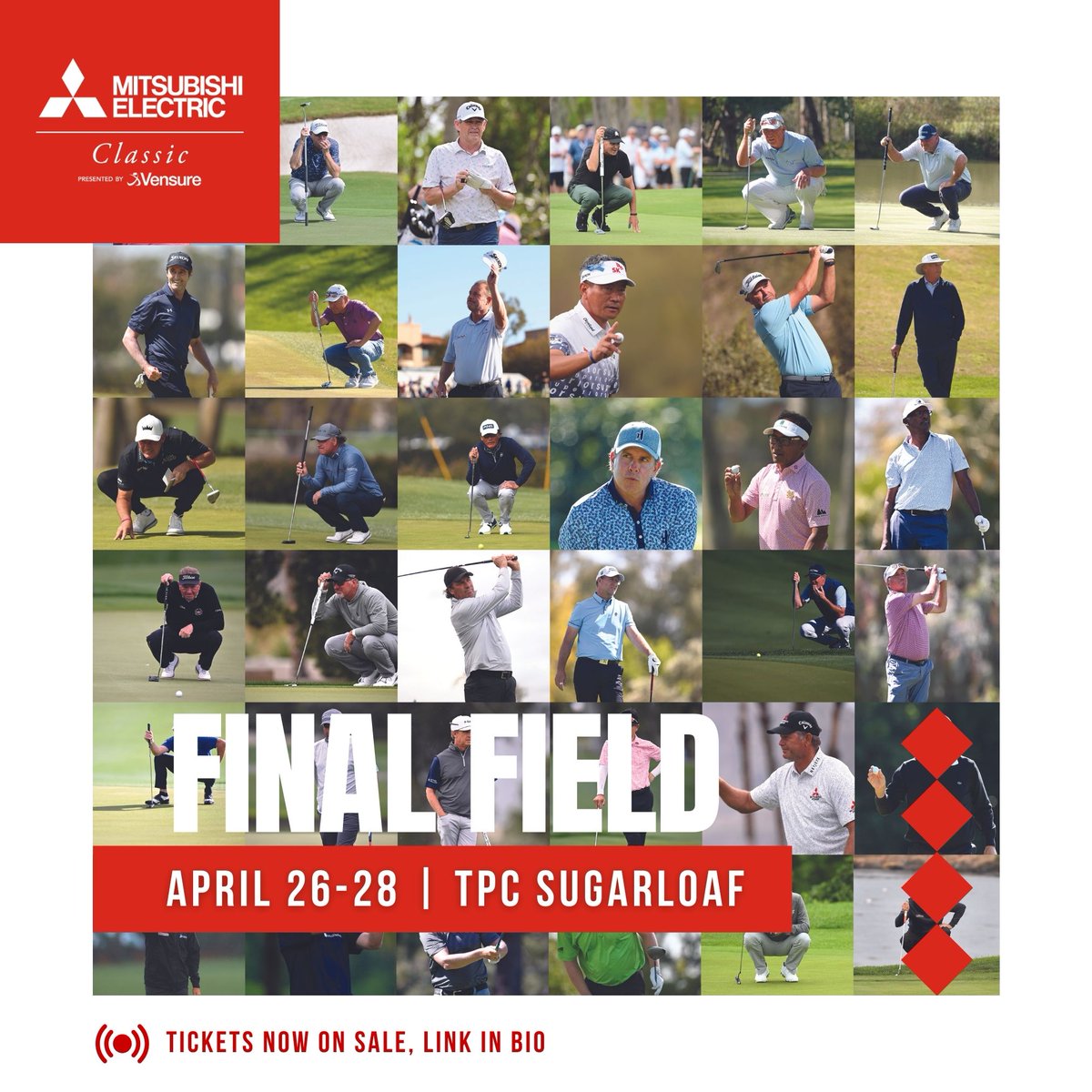 🏌️‍♀️ FINAL FIELD commitment Friday ⛳ 74 players and a few more to go and our field is final. Come watch legends play TPC Sugarloaf April 26-28! #MEC #MECVES #PGATOURChampions #wherelegendsplay