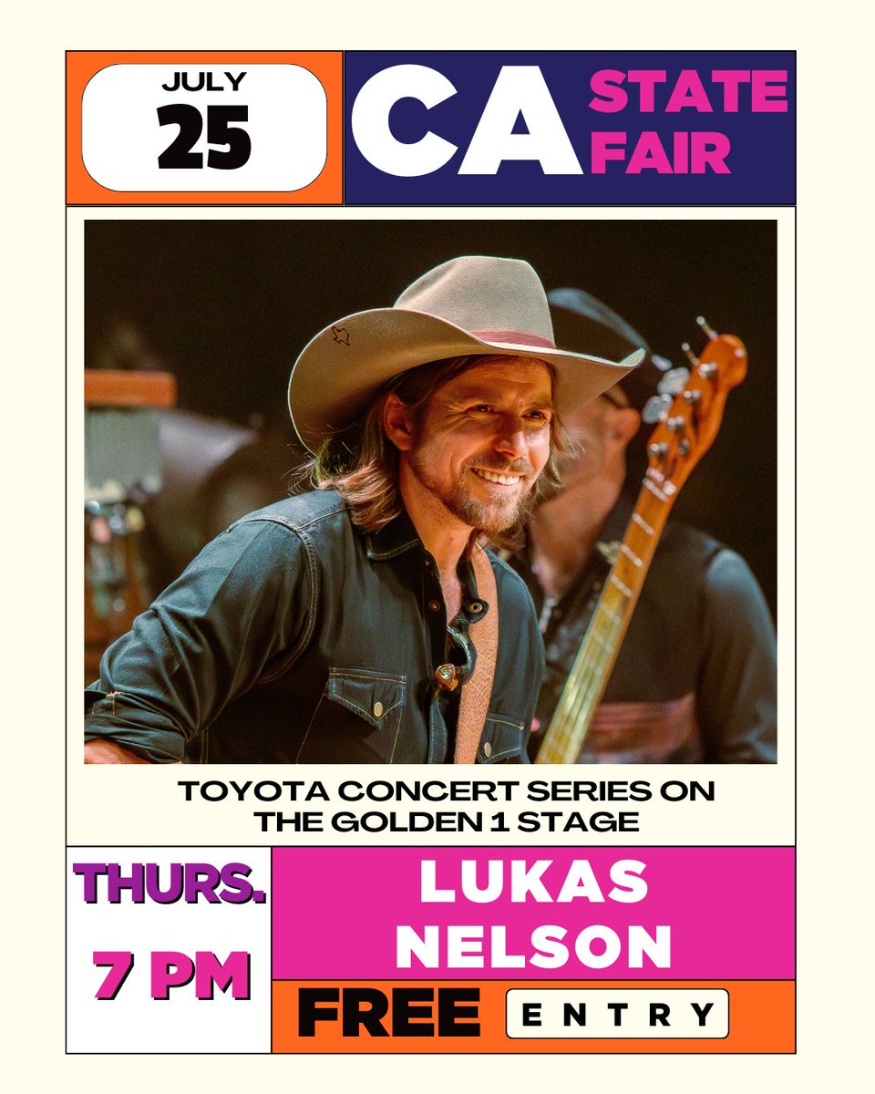 Get ready to rock your way into a 'State of Play' with @lukasnelson at the #CAStateFair! 🎸🎶 Join us on Thursday, July 25 as part of the @Toyota Concert Series on the @golden1cu Stage!🌟FREE with general admission! Reserved Seating here: bit.ly/CSFLukasNelson