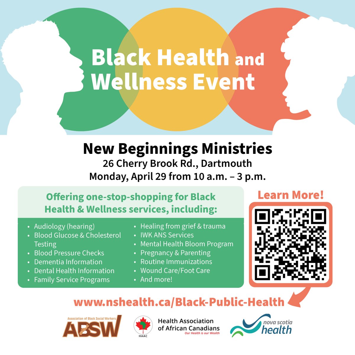 Check out this Black Health and Wellness Event taking place in Dartmouth on April 29, featuring a variety of services provided in a culturally competent space. Details can be found at: nshealth.ca/Black-Public-H… .