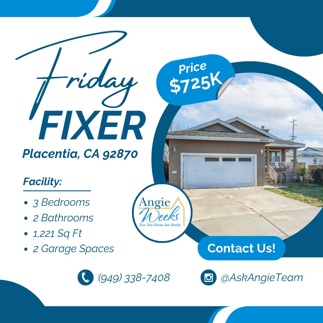 #FridayFixer Feature: #Placentia, CA 92870! W/ 3 beds, 2 baths, cozy fireplace & spacious kitchen. Priced @ $725K, this fixer-upper is full of potential! Contact us for a tour. Your dream home awaits!

Angie Weeks
BHHS CA Properties
#01398537

Listed by Hayat Moore #02019224