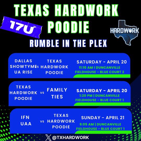 Come check out Texas Hardwork as they Compete in The Rumble In The Plex! We have some guys that should be on your 📈📈📈rising list! @TheCircuit @iFilmHoopers @AlamoCityHoops1 @TexasTop100 @bigsloan32 @GASOBlue @TheCBBAcademy @GASOTim