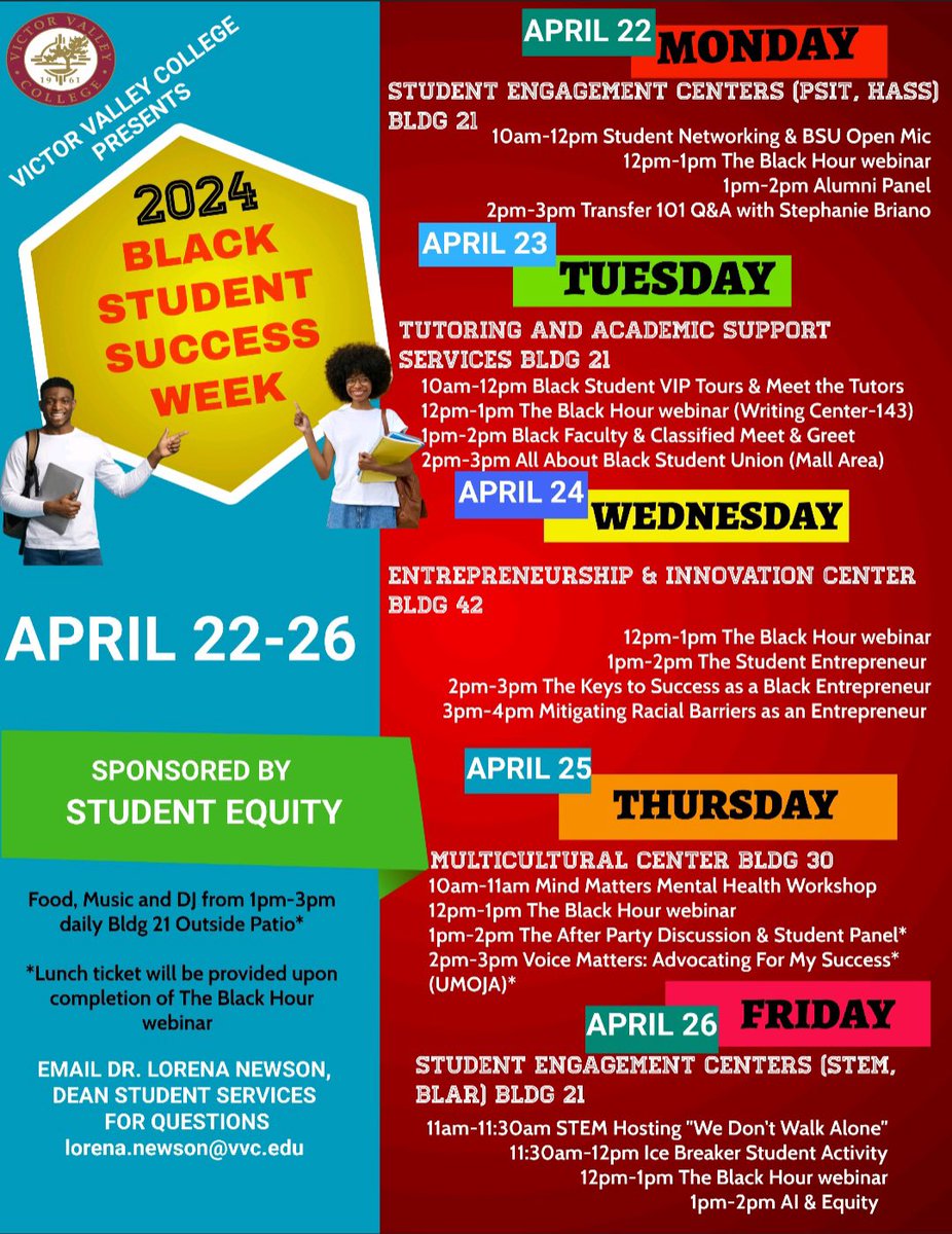Building a Better Future: the Urgency is Now

An empowering Black Student Success Week at VVC, featuring a range of engaging events, workshops, &amp; networking opportunities! 🎓🌟

Use the link below to participate online in the webinars &amp; forums.

blkstudentsuccess.com