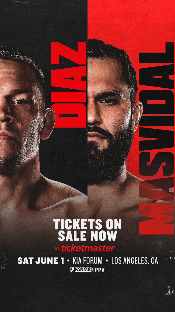 The wait is over. #DiazMasvidal tickets on sale NOW 🎟️ Don’t miss the action in LA on June 1. Get your tickets at Fanmio.com/tickets #DiazMasvidal #JorgeMasvidal #Boxing #Fight