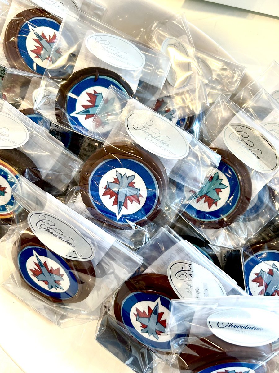 Jets parties this weekend? We made these Chocolate Pucks at Chocolatier Constance Popp, 180 Provencher. 🏒 🏆 We are OPEN 11-4 on Saturday ONLY this weekend. #chocolatepucks #whiteout #goJETSgo