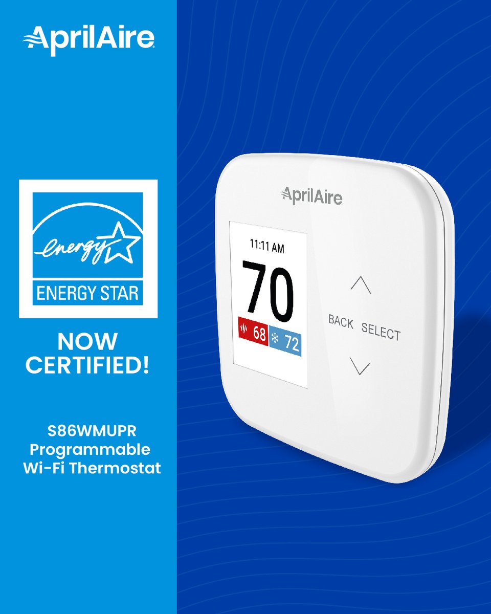 The AprilAire S86WMUPR Programmable Wi-Fi Thermostat has earned the @ENERGYSTAR certification! Learn more: bit.ly/3U7GqTz