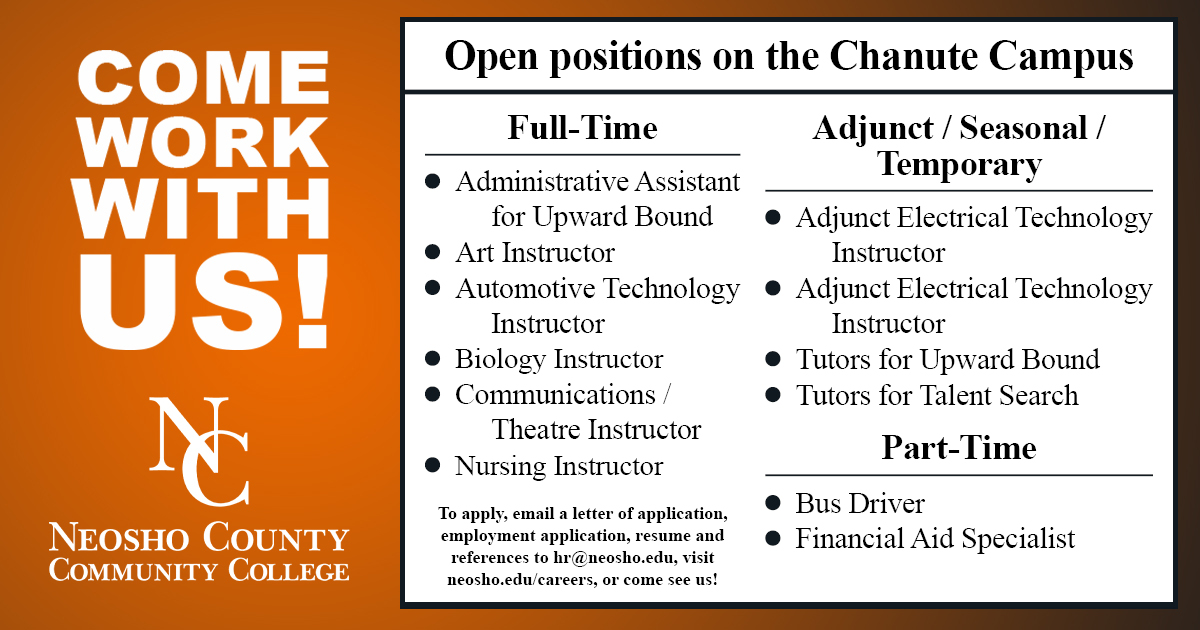 NCCC's tweet image. Neosho County Community College is currently hiring for the Chanute campus! Full-time, part-time permanent, and seasonal positions available. For full position descriptions and benefits packages, visit neosho.edu/careers