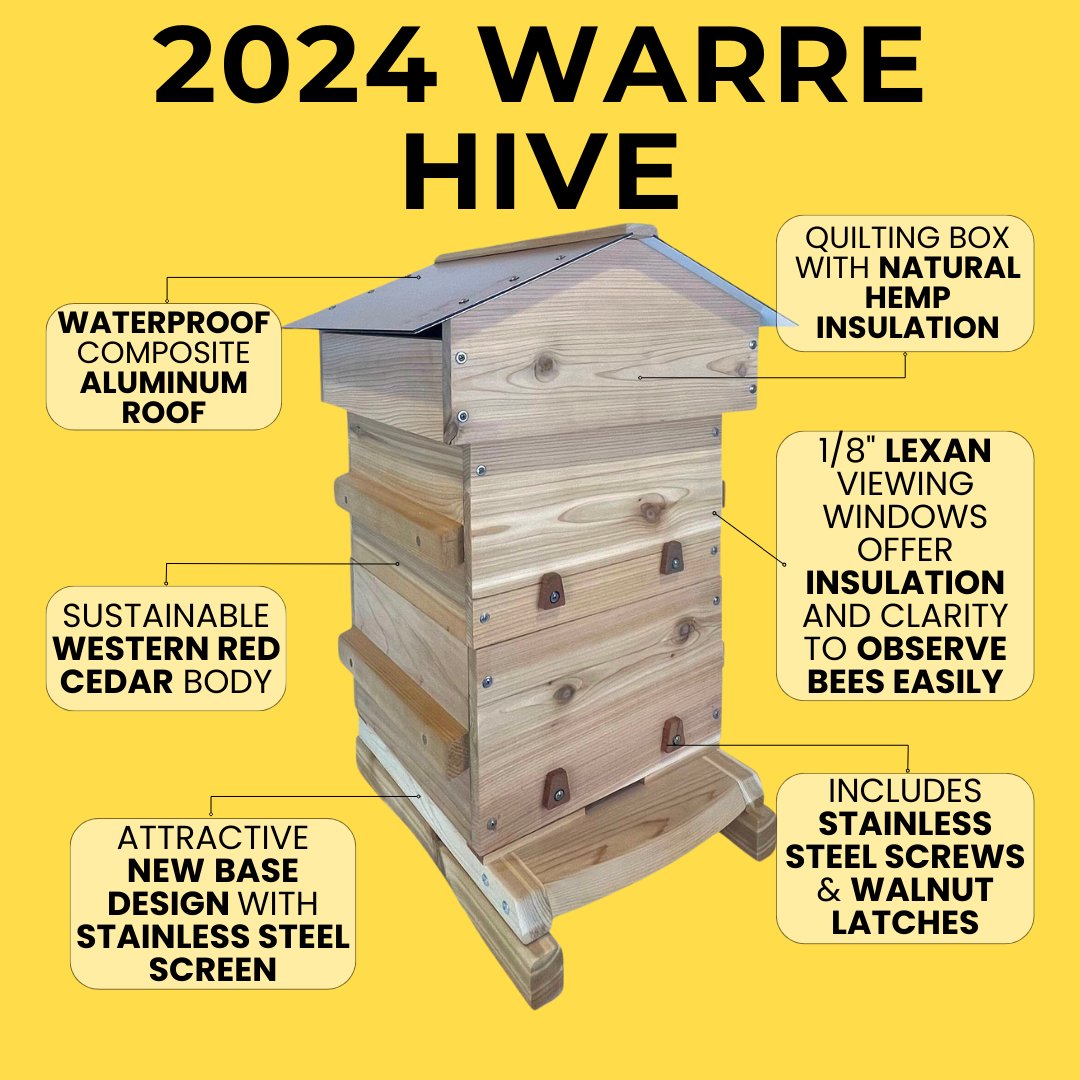 Introducing our new 2024 Warre Hive! Made from sustainable Western Red Cedar, it promotes bee health and eco-friendly apiaries. Includes viewing windows for observation and a sturdy quilt box with natural hemp insulation. #Beebuilt #WarreHive #beekeeping #SustainableLiving