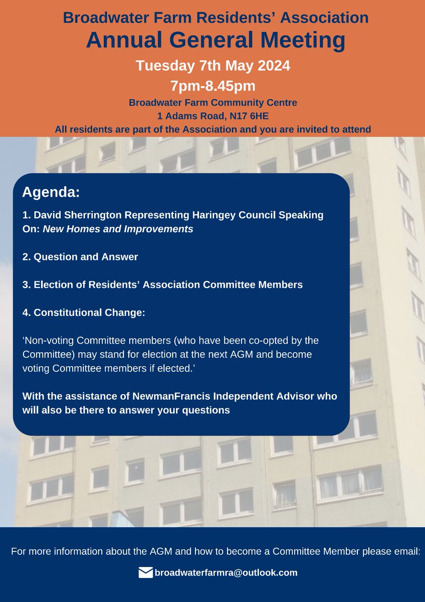 Broadwater Farm residents are invited to our Annual General Meeting. Your chance to make a difference!