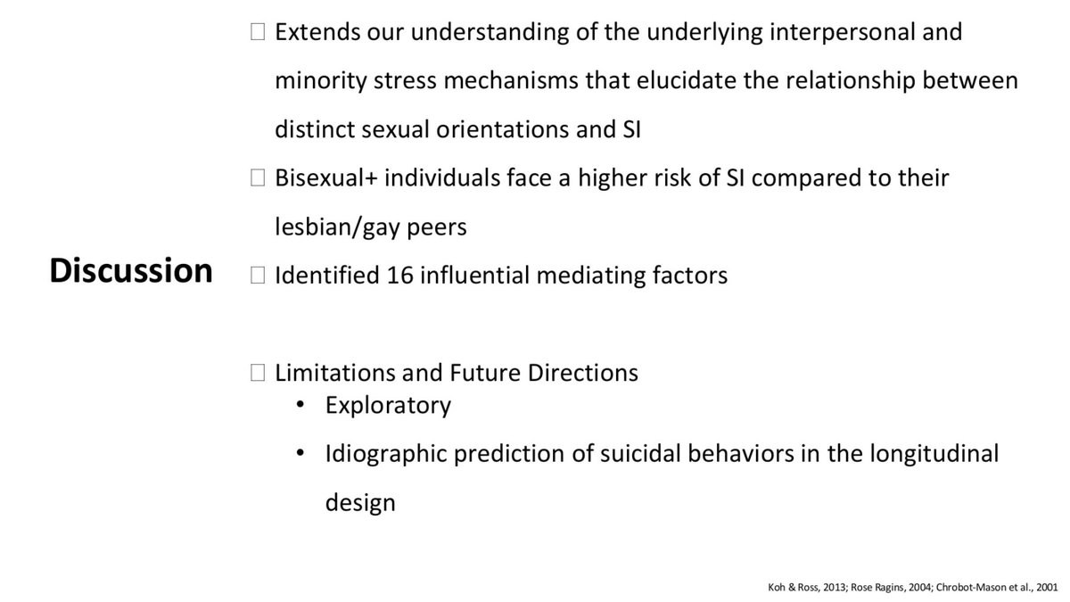 Key highlights from @SimonMLsml's #SRS24 presentation demonstrating potential mediators underlying the relations between within-sexual minority identities and suicidal ideation. Fortunate to be a part of this important work alongside the incredible @shuquan_chen and  @KaiwenBi!