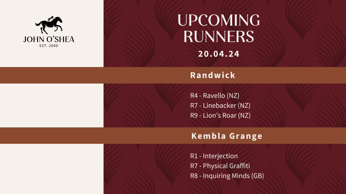 We’ve got an exciting day ahead with three runners on our home track @aus_turf_club Randwick and three heading to @kemblaraces 🏇 Good luck to all connections!