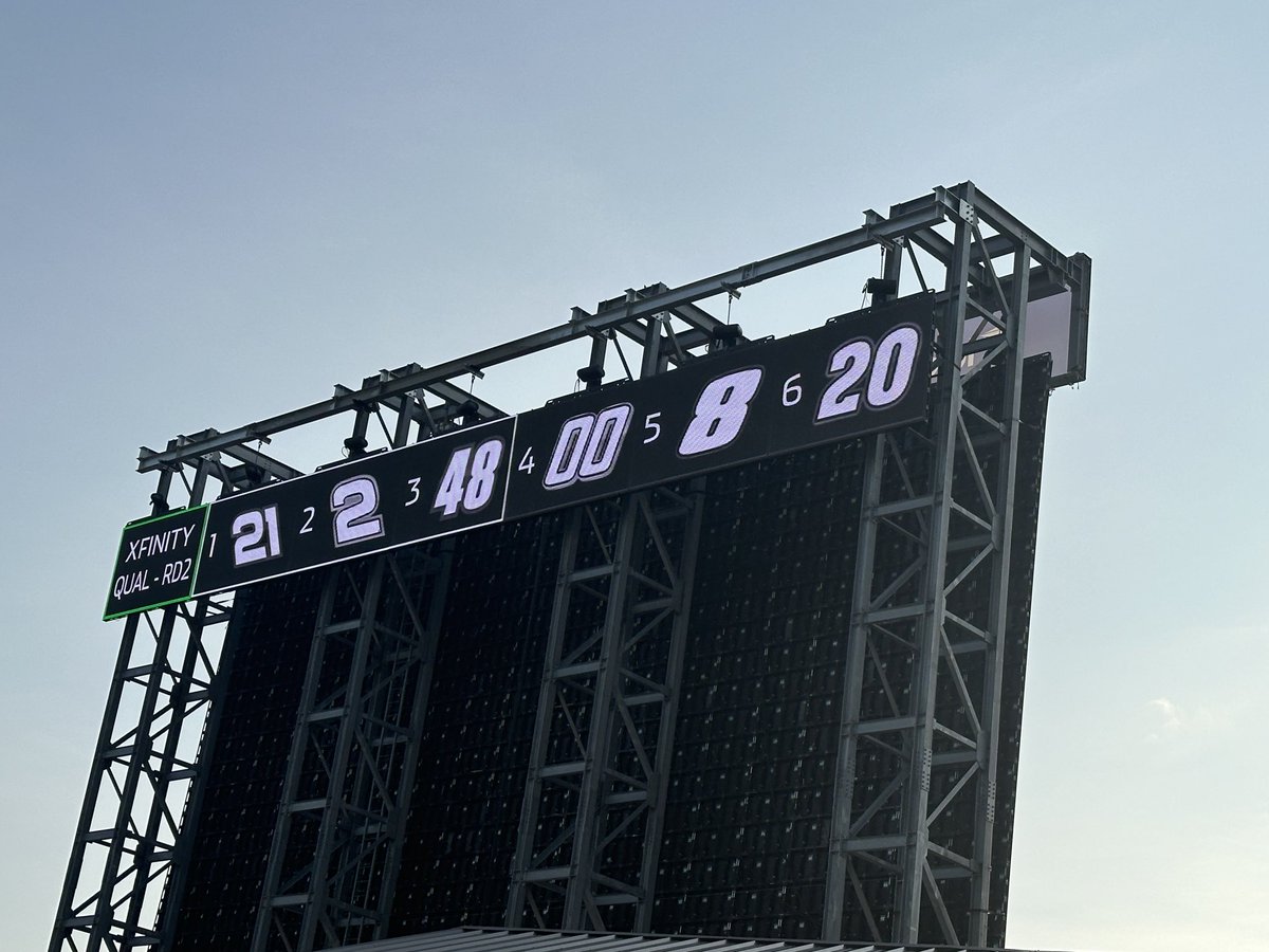 bobpockrass's tweet image. NASCAR says removing the scoring pylon here was because it was old. They figured the big screens facing the grandstand will keep people informed and they added this strip to the back of the big screens for the infield.