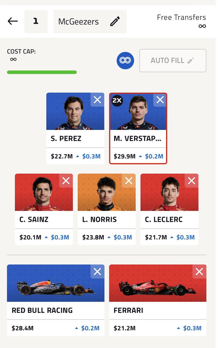 McGeezerF1's tweet photo. Locked in for China 🔒🇨🇳
Limtless activated and template as you like, but feels like now is a good time given the lay of the land 
Tempted by more McClaren but playing it ‘safe’ 🤷‍♂️

Good luck everyone! 🍀

#F1 #F1Fantasy https://t.co/Pg0OK9lzBP