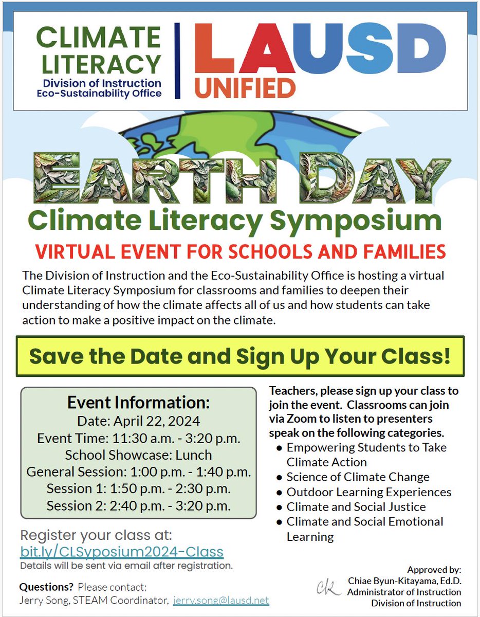 Teachers and families, join us on 🌎day, 4/22 to deepen your understanding of how the climate affects all of us and how students can take action to make a positive impact. #earthday . See flyer below for more details. ⁦@LASchools⁩