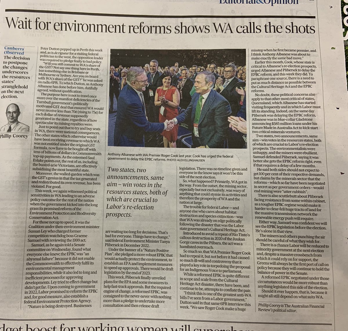 knitnannasSYD's tweet photo. Phil Coorey in AFR 19/4:  WA calls the environment shots while EPBC Act fails our environment needs.   WA votes needed for ALP re-election, so reforms delayed.  We get Future Made in Australia with critical minerals spruiked instead. https://t.co/e2hqZLlrPn